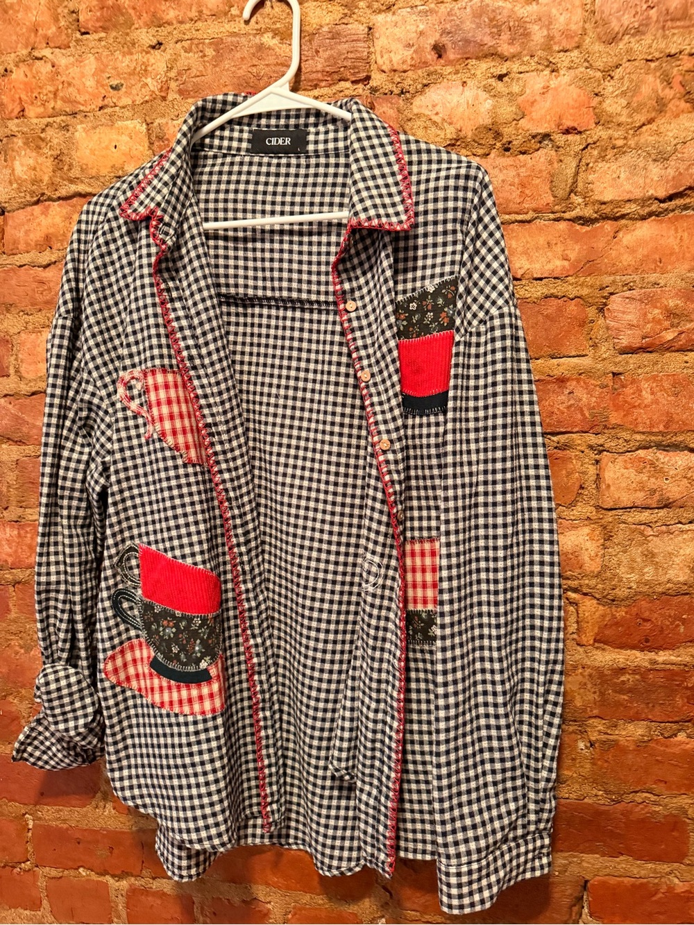Cider Black & White Gingham Button-Down Shirt with Red Patch Accents